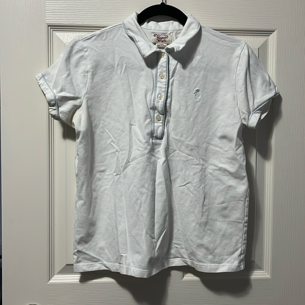 Women's Penguin Polo-Style Top Business Casual White Collared Neutral Office LG